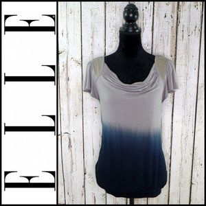 ELLE Gray to Navy Ombre blouse draped neck Studded Shoulders banded hem